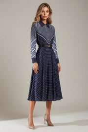 Niche Color-Blocking Striped Print Slim Mid-Length Retro Dress — Navy Blue — AI-generated studio three-quarter view