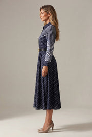 Niche Color-Blocking Striped Print Slim Mid-Length Retro Dress — Navy Blue — AI-generated studio right-side profile