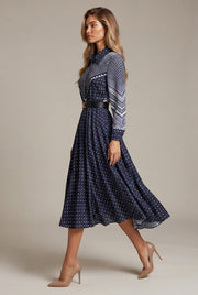 Niche Color-Blocking Striped Print Slim Mid-Length Retro Dress — Navy Blue — AI-generated studio left-side walking view