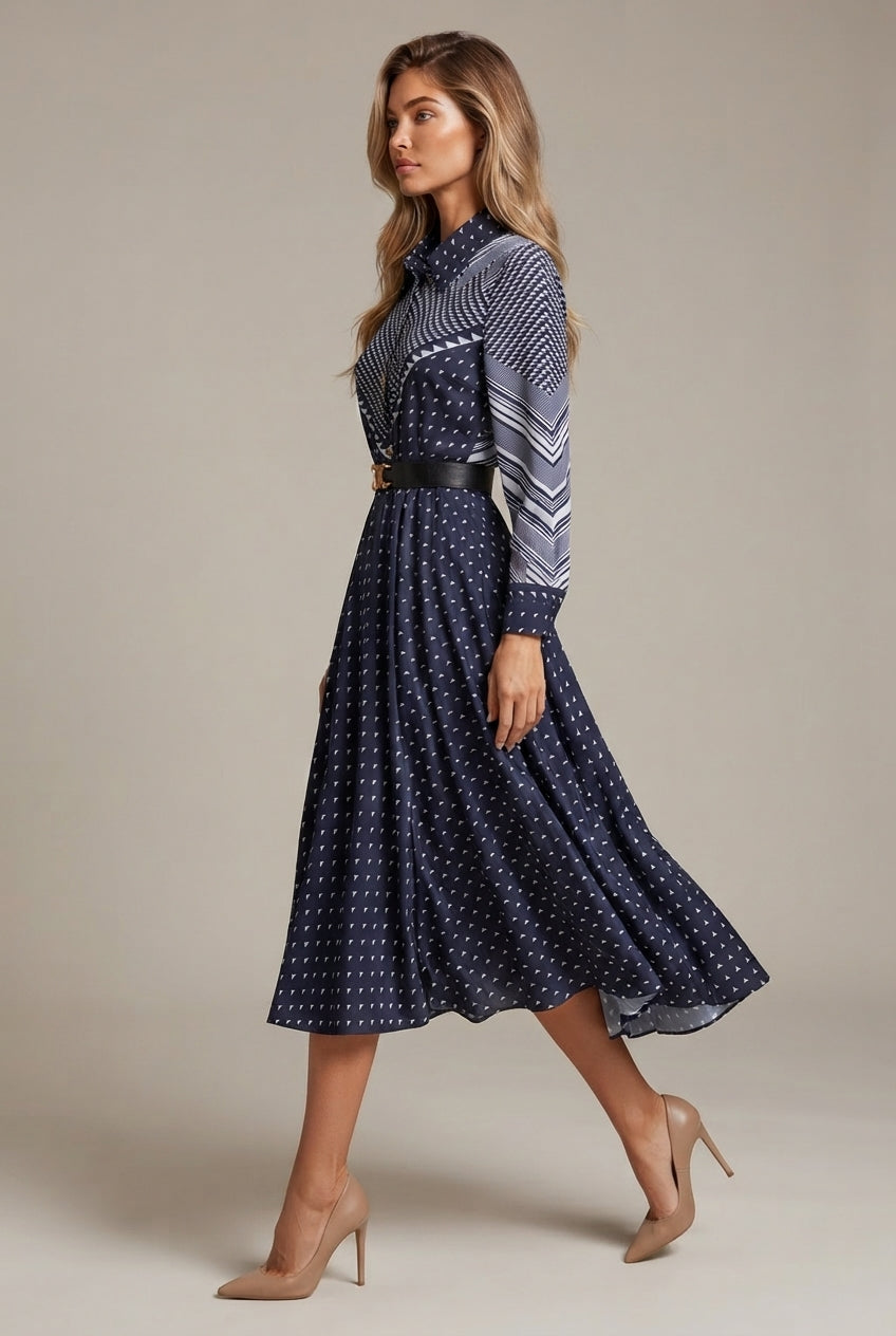 Niche Color-Blocking Striped Print Slim Mid-Length Retro Dress — Navy Blue — AI-generated studio left-side walking view