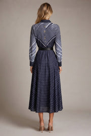 Niche Color-Blocking Striped Print Slim Mid-Length Retro Dress — Navy Blue — AI-generated studio back view