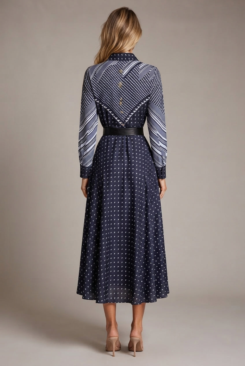 Niche Color-Blocking Striped Print Slim Mid-Length Retro Dress — Navy Blue — AI-generated studio back view