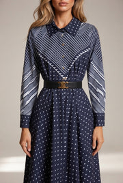 Niche Color-Blocking Striped Print Slim Mid-Length Retro Dress — Navy Blue — AI-generated studio bodice detail