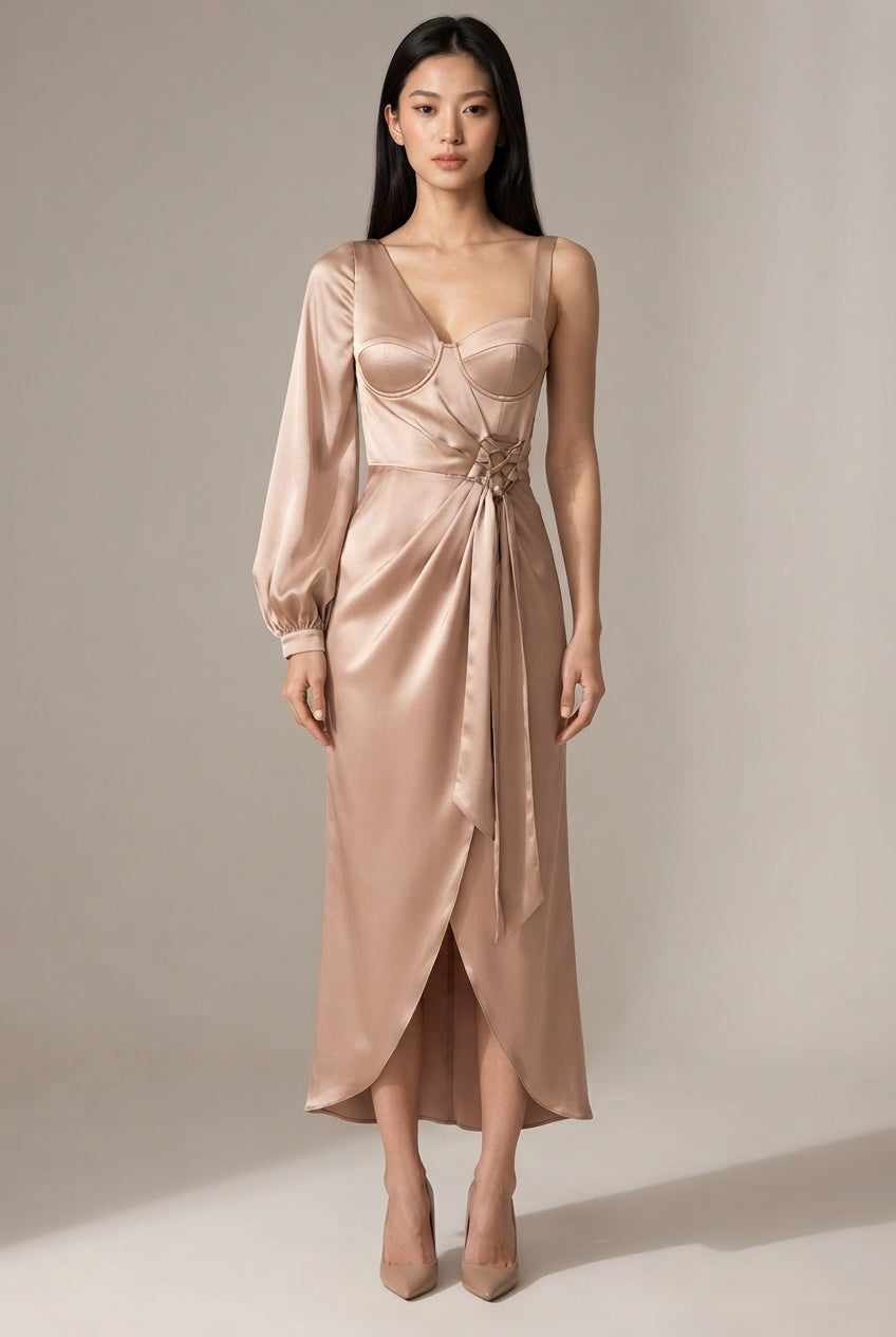 Oblique Shoulder Waist-controlled Lace-up Satin Lantern Sleeve Dress — Champagne — AI-generated studio front view