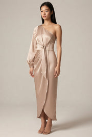 Oblique Shoulder Waist-controlled Lace-up Satin Lantern Sleeve Dress — Champagne — AI-generated studio three-quarter view