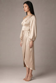 Oblique Shoulder Waist-controlled Lace-up Satin Lantern Sleeve Dress — Champagne — AI-generated studio right-side profile