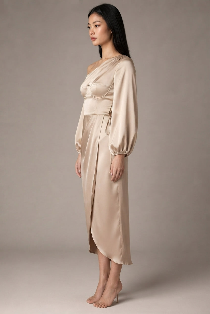 Oblique Shoulder Waist-controlled Lace-up Satin Lantern Sleeve Dress — Champagne — AI-generated studio right-side profile