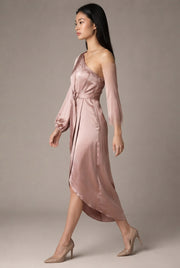 Oblique Shoulder Waist-controlled Lace-up Satin Lantern Sleeve Dress — Champagne — AI-generated studio left-side walking view