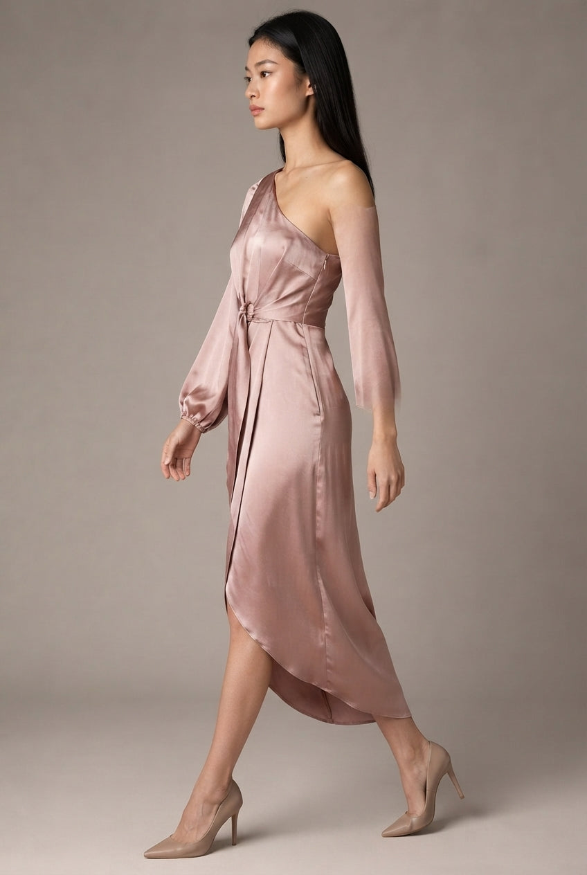 Oblique Shoulder Waist-controlled Lace-up Satin Lantern Sleeve Dress — Champagne — AI-generated studio left-side walking view
