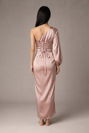 Oblique Shoulder Waist-controlled Lace-up Satin Lantern Sleeve Dress — Champagne — AI-generated studio back view
