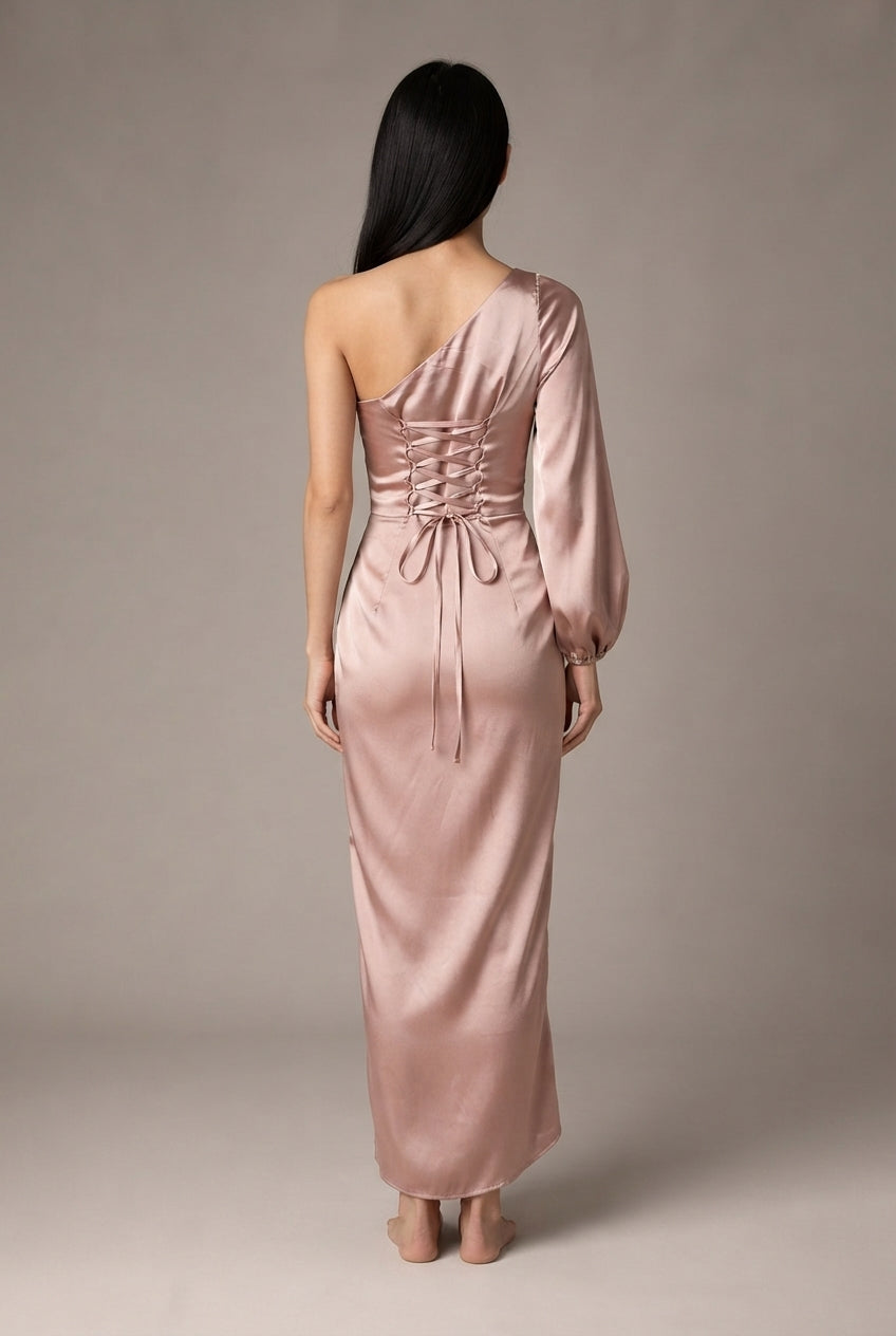 Oblique Shoulder Waist-controlled Lace-up Satin Lantern Sleeve Dress — Champagne — AI-generated studio back view