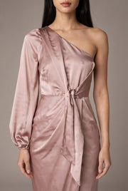 Oblique Shoulder Waist-controlled Lace-up Satin Lantern Sleeve Dress — Champagne — AI-generated studio bodice detail