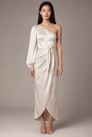 Oblique Shoulder Waist-controlled Lace-up Satin Lantern Sleeve Dress — Milky White — AI-generated studio front view