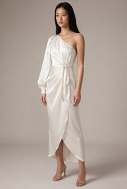 Oblique Shoulder Waist-controlled Lace-up Satin Lantern Sleeve Dress — Milky White — AI-generated studio three-quarter view