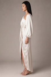 Oblique Shoulder Waist-controlled Lace-up Satin Lantern Sleeve Dress — Milky White — AI-generated studio right-side profile