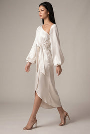 Oblique Shoulder Waist-controlled Lace-up Satin Lantern Sleeve Dress — Milky White — AI-generated studio left-side walking view