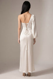 Oblique Shoulder Waist-controlled Lace-up Satin Lantern Sleeve Dress — Milky White — AI-generated studio back view