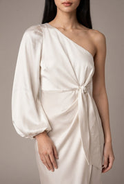 Oblique Shoulder Waist-controlled Lace-up Satin Lantern Sleeve Dress — Milky White — AI-generated studio bodice detail
