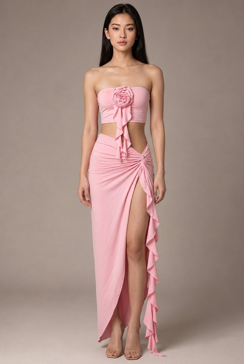 Personalized Flower Tube Top Vest High Split Strap Skirt Dress — AI-generated studio front view