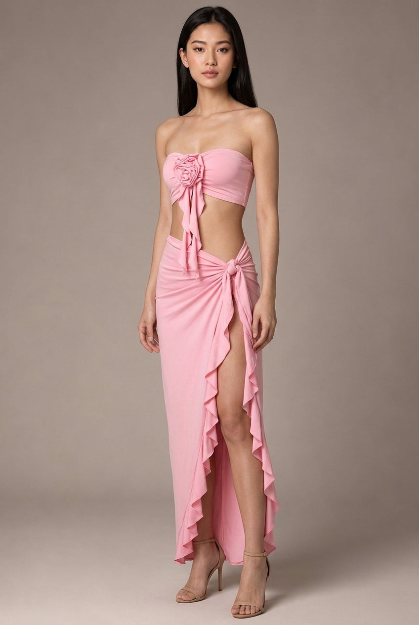 Personalized Flower Tube Top Vest High Split Strap Skirt Dress — AI-generated studio three-quarter view