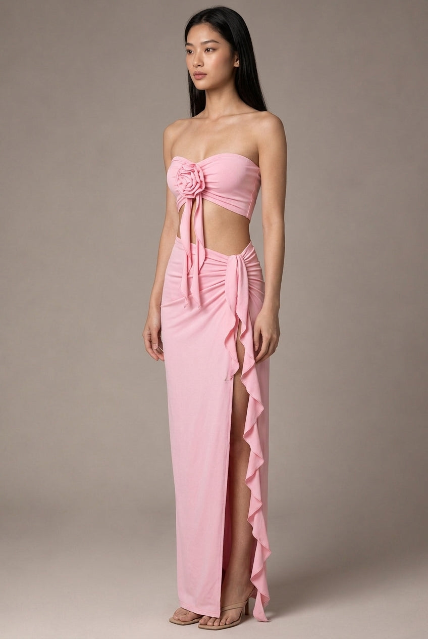 Sienna Rosette Maxi Dress — Pink — AI-generated studio three-quarter view
