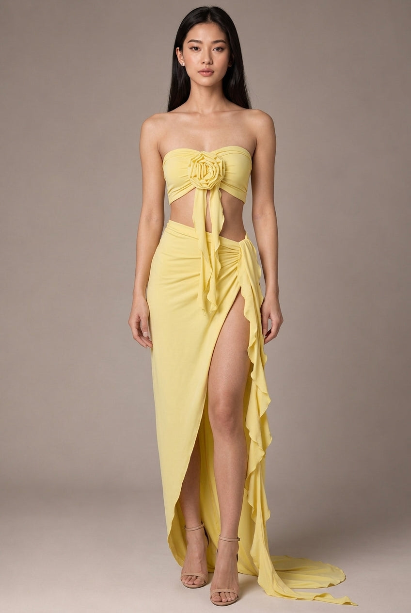 Sienna Rosette Maxi Dress — Yellow — AI-generated studio front view