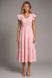Pink Midi Dress With Ruffled Sleeves And A Tiered Hem — AI-generated studio front view