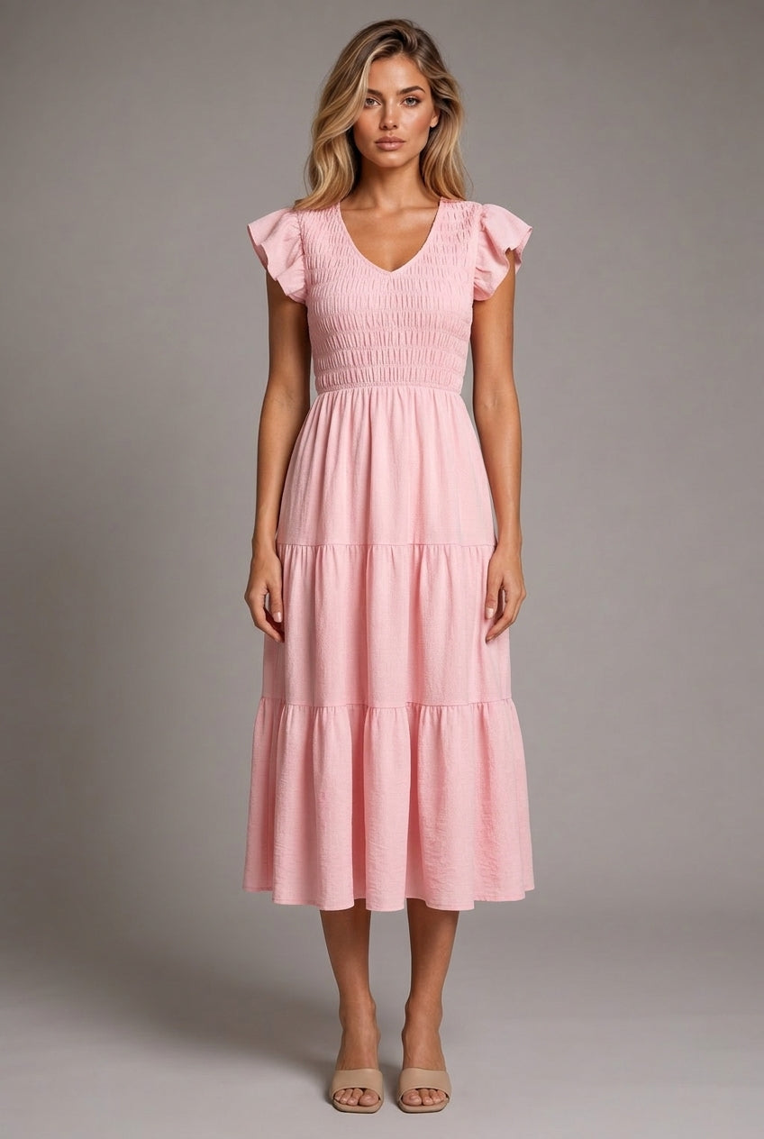 Pink Midi Dress With Ruffled Sleeves And A Tiered Hem — AI-generated studio front view