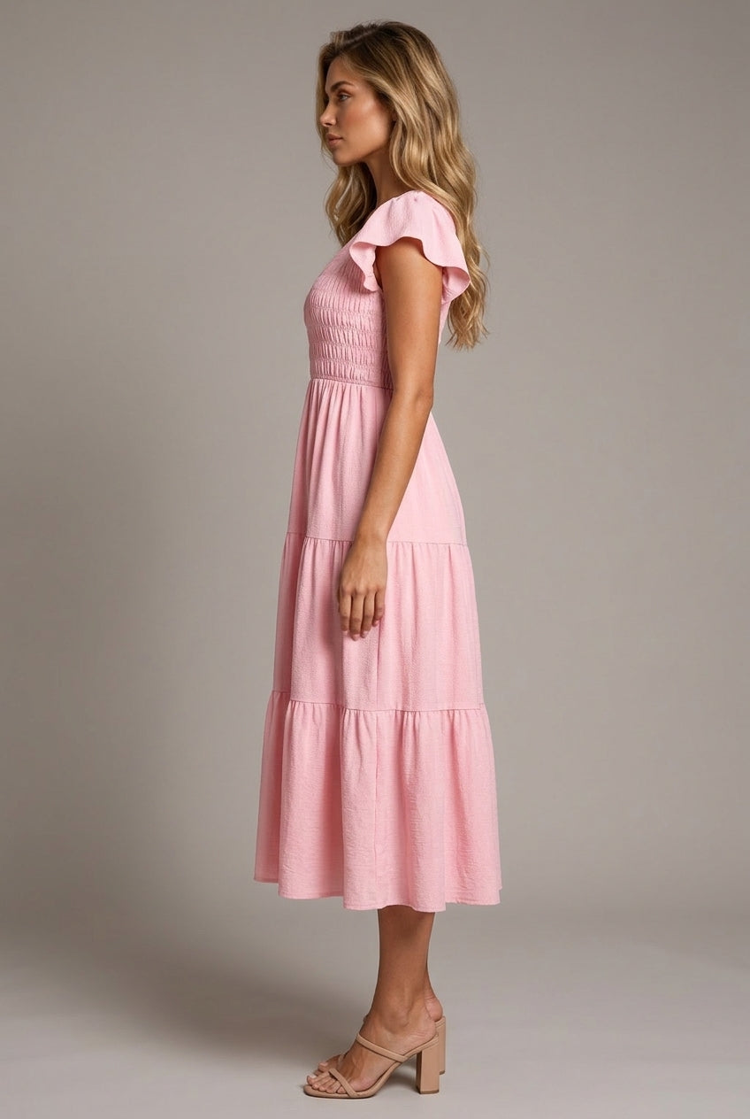Pink Midi Dress With Ruffled Sleeves And A Tiered Hem — AI-generated studio right-side profile