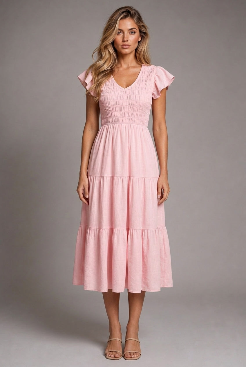 Juliette Tiered Midi Dress — Pink — AI-generated studio front view