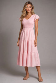 Juliette Tiered Midi Dress — Pink — AI-generated studio three-quarter view