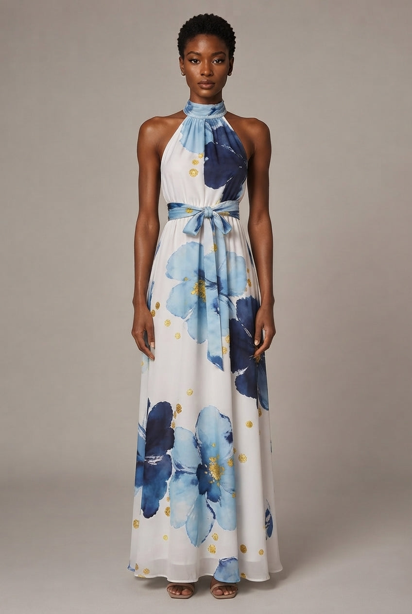 Resort-style Floral High-neck Lace-up Sleeveless Maxi Dress — Flower Dress — AI-generated studio front view
