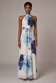 Resort-style Floral High-neck Lace-up Sleeveless Maxi Dress — Flower Dress — AI-generated studio front view