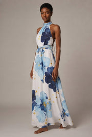 Resort-style Floral High-neck Lace-up Sleeveless Maxi Dress — Flower Dress — AI-generated studio three-quarter view