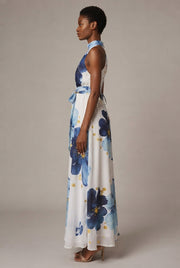 Resort-style Floral High-neck Lace-up Sleeveless Maxi Dress — Flower Dress — AI-generated studio right-side profile