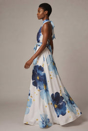 Resort-style Floral High-neck Lace-up Sleeveless Maxi Dress — Flower Dress — AI-generated studio left-side walking view