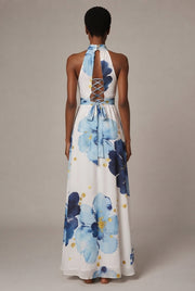 Resort-style Floral High-neck Lace-up Sleeveless Maxi Dress — Flower Dress — AI-generated studio back view