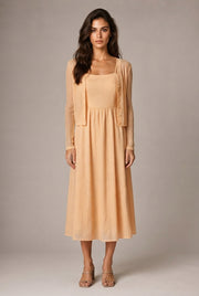 Retro Waist-controlled Slimming Cotton Embroidery Lace Strap Dress Mid-length — Apricot Cardigan — AI-generated studio front view