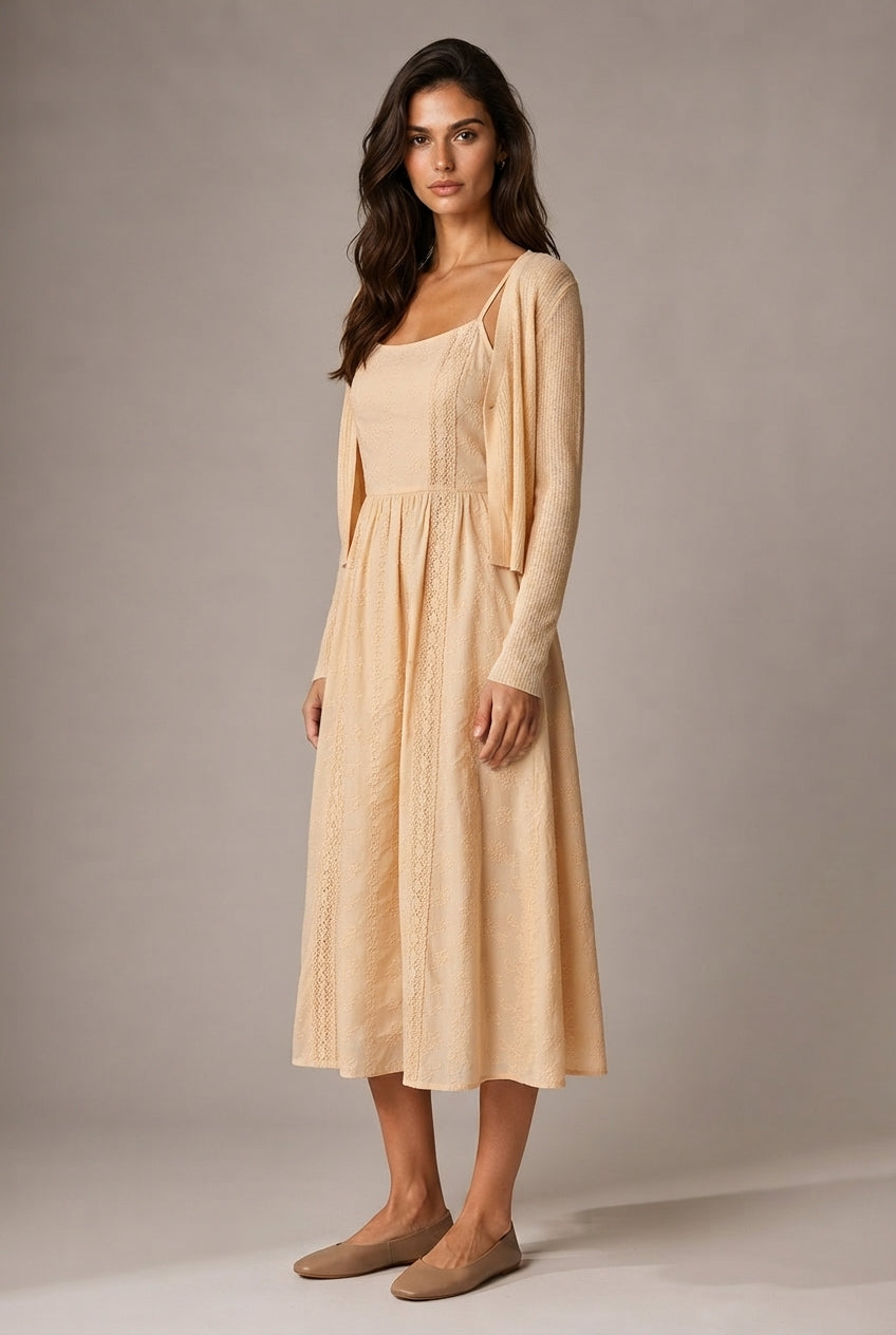 Retro Waist-controlled Slimming Cotton Embroidery Lace Strap Dress Mid-length — Apricot Cardigan — AI-generated studio three-quarter view