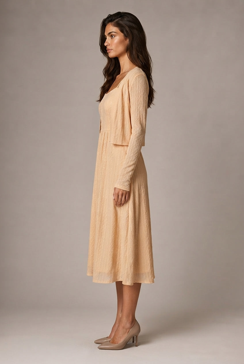 Retro Waist-controlled Slimming Cotton Embroidery Lace Strap Dress Mid-length — Apricot Cardigan — AI-generated studio right-side profile