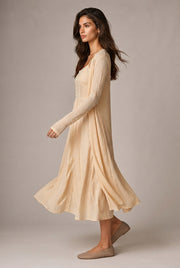 Retro Waist-controlled Slimming Cotton Embroidery Lace Strap Dress Mid-length — Apricot Cardigan — AI-generated studio left-side walking view