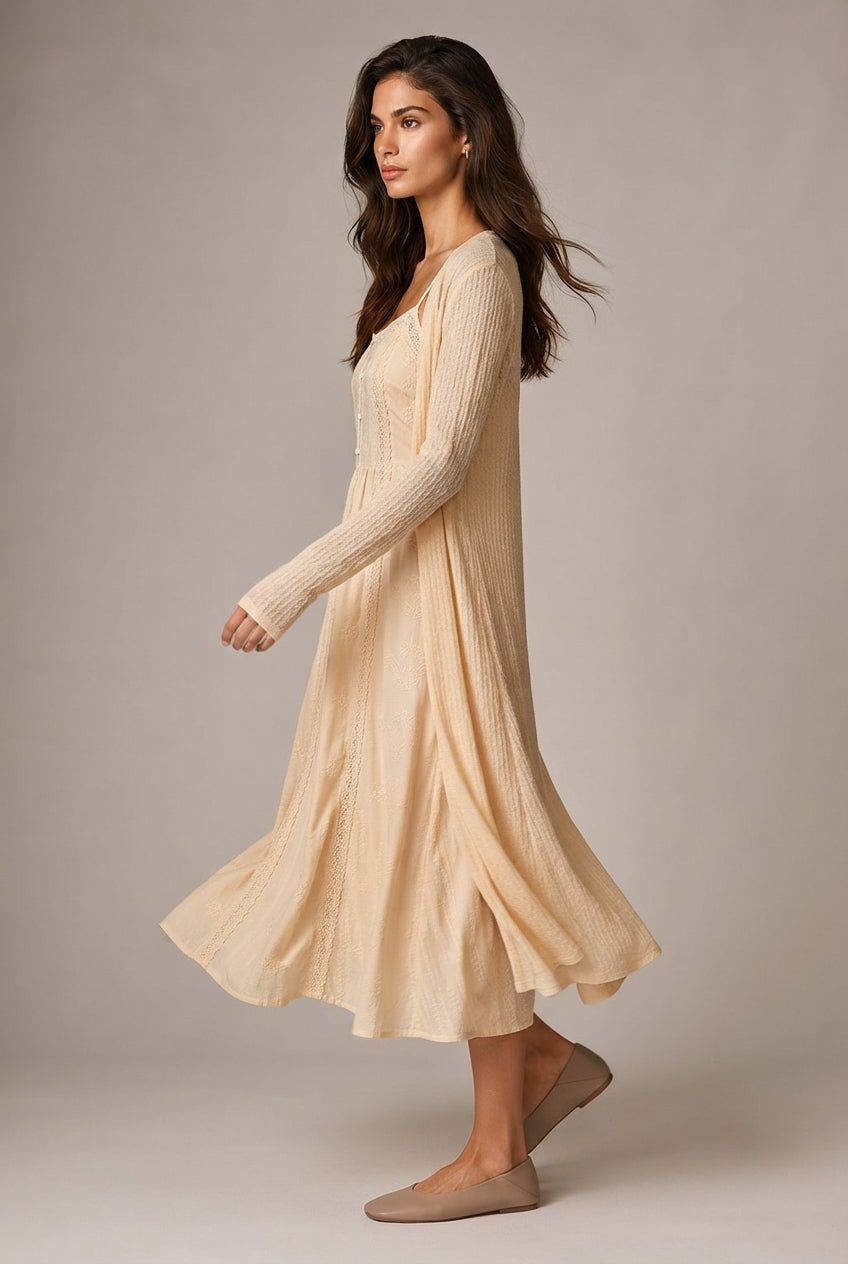Retro Waist-controlled Slimming Cotton Embroidery Lace Strap Dress Mid-length — Apricot Cardigan — AI-generated studio left-side walking view