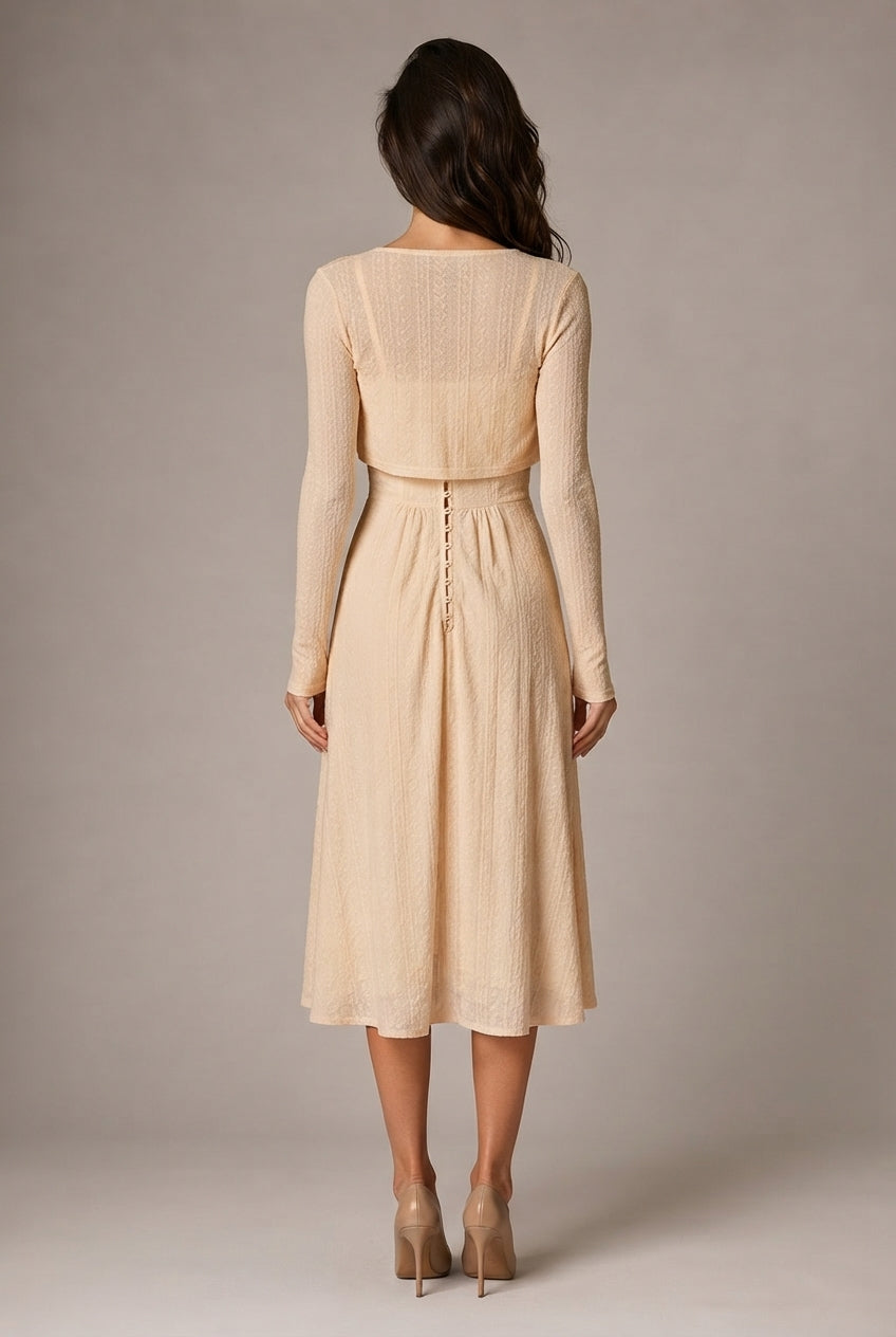 Retro Waist-controlled Slimming Cotton Embroidery Lace Strap Dress Mid-length — Apricot Cardigan — AI-generated studio back view