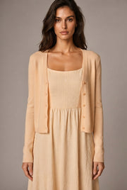 Retro Waist-controlled Slimming Cotton Embroidery Lace Strap Dress Mid-length — Apricot Cardigan — AI-generated studio bodice detail
