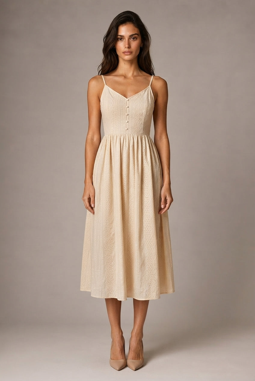 Retro Waist-controlled Slimming Cotton Embroidery Lace Strap Dress Mid-length — Apricot Dress — AI-generated studio front view