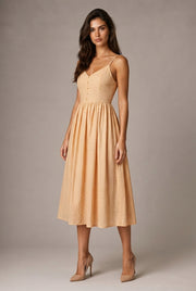 Retro Waist-controlled Slimming Cotton Embroidery Lace Strap Dress Mid-length — Apricot Dress — AI-generated studio three-quarter view