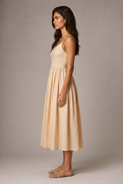 Retro Waist-controlled Slimming Cotton Embroidery Lace Strap Dress Mid-length — Apricot Dress — AI-generated studio right-side profile