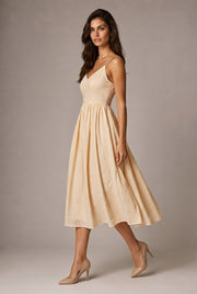 Retro Waist-controlled Slimming Cotton Embroidery Lace Strap Dress Mid-length — Apricot Dress — AI-generated studio left-side walking view