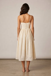 Retro Waist-controlled Slimming Cotton Embroidery Lace Strap Dress Mid-length — Apricot Dress — AI-generated studio back view
