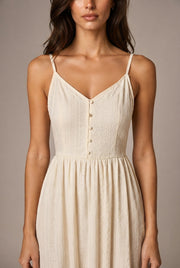 Retro Waist-controlled Slimming Cotton Embroidery Lace Strap Dress Mid-length — Apricot Dress — AI-generated studio bodice detail